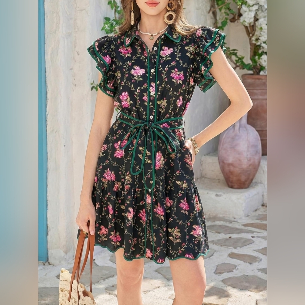 Black Floral Ruffle Sleeve Mini Dress | Belted Button Front | Size L - Picture 3 of 4